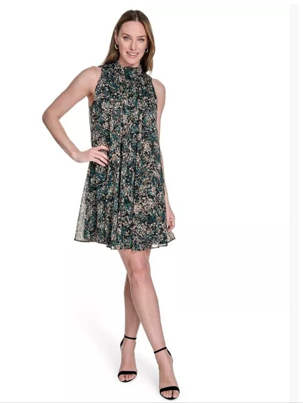 Tommy Hilfiger Sleeveless Floral Print Dress Cowl Neck Green Black Size 12 Party